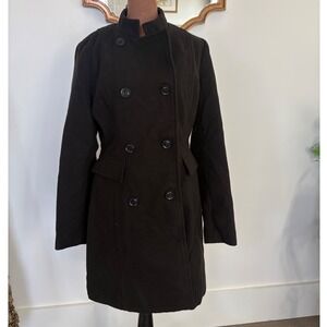 Womens Black‎ Pea Coat Double Breasted Jacket Stand Collar Winter Outerwear